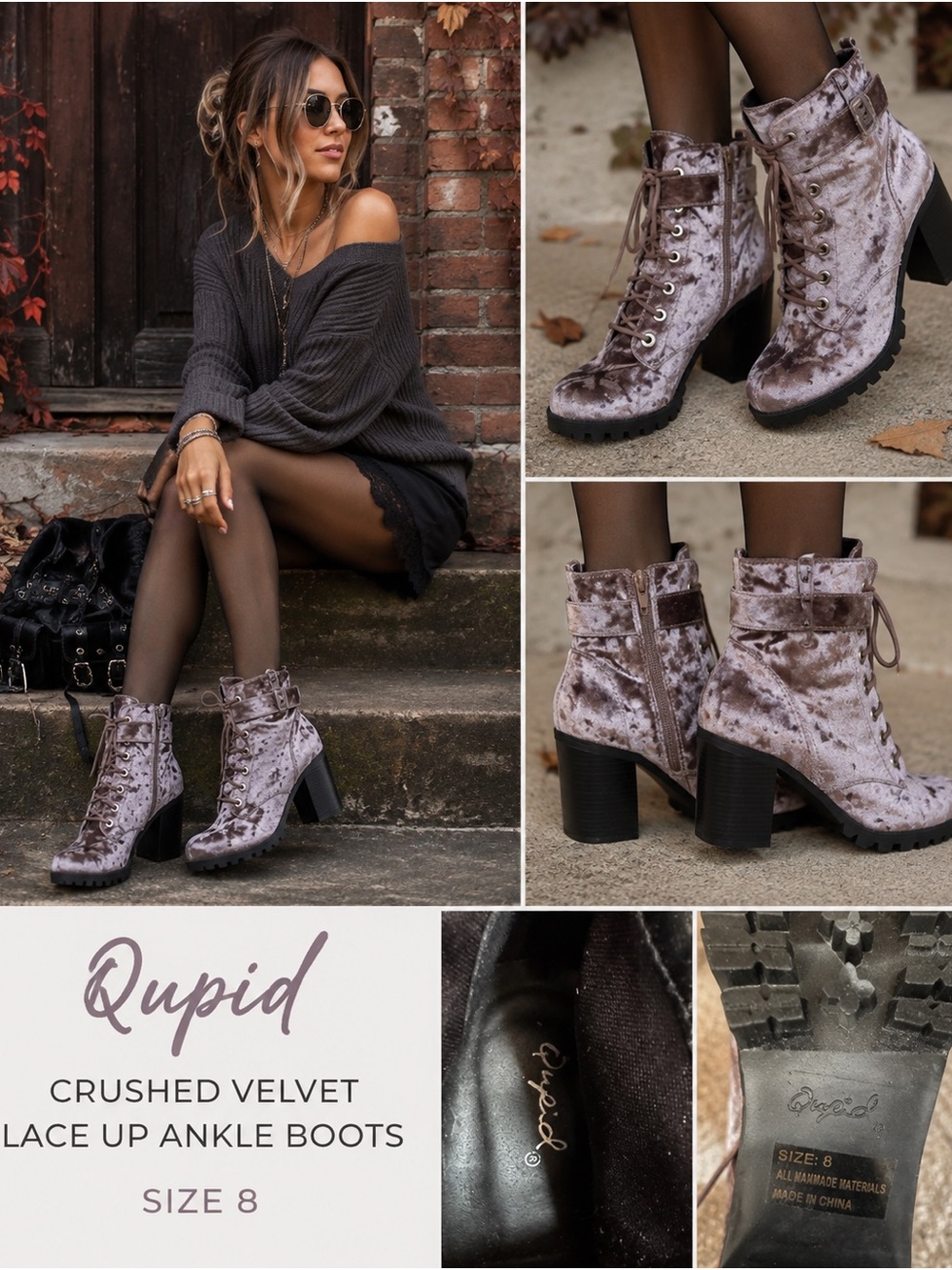 Qupid Dusty Lavender Crushed Velvet Lace Up Boots Size 8 NWOT